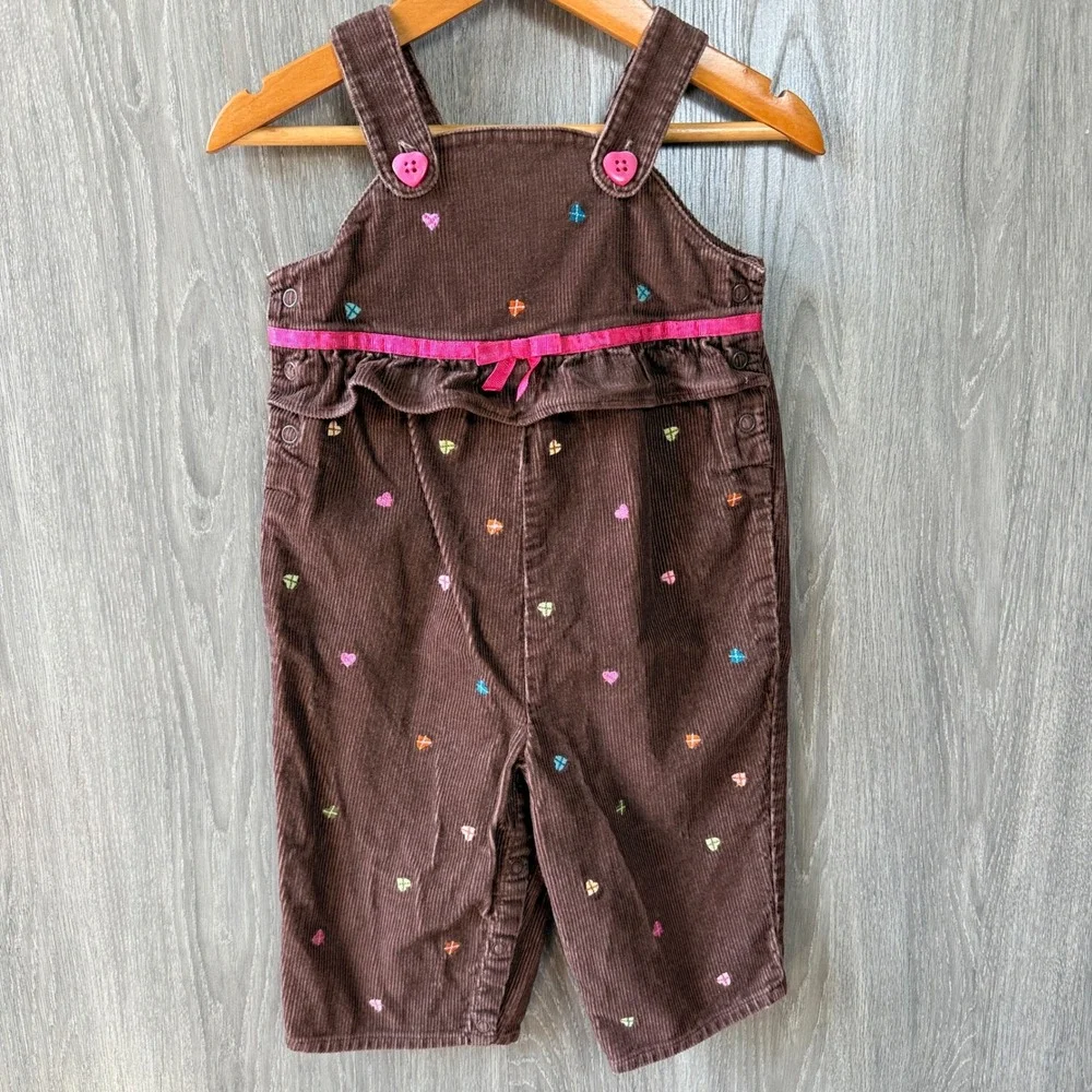 Gymboree Corduroy Overall Girl 6-12M Brown Heart Embroidered Ruffle Vintage 2005